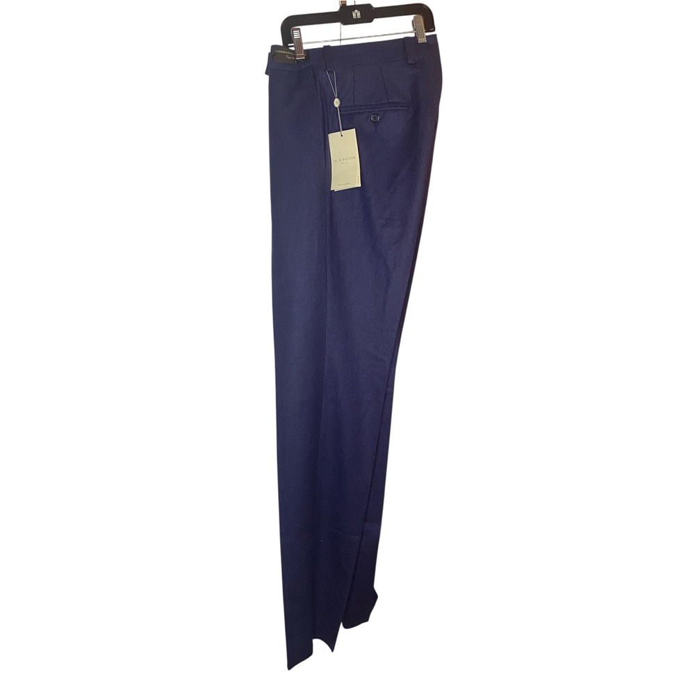 Jack Victor Oslo Pant Navy Super 120s Wool Dress Trousers 32R Unfinished Hem NEW